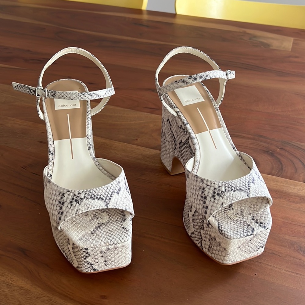 Dolce Vita “Porcha” Chunky Square Toe Platform Heels in Bone Snake Print